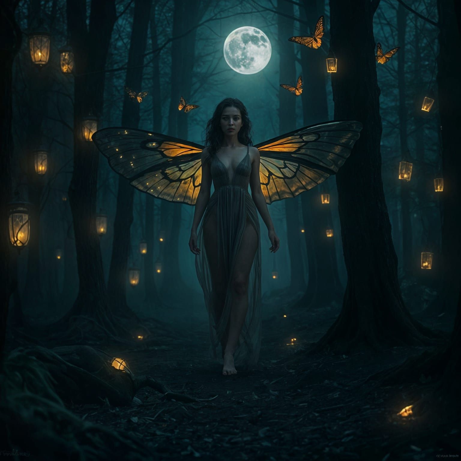 Ethereal Woman in Misty Forest with Moths