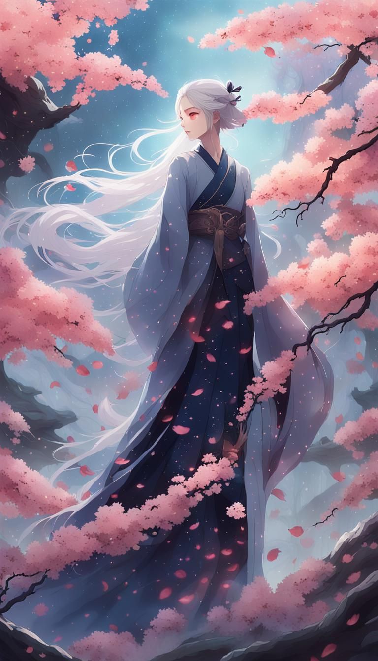 Ethereal Woman Merges with Blossoms in Anime Style