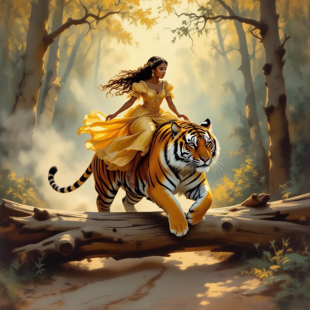 Girl Rides Tiger Through Misty Forest, Romanticism