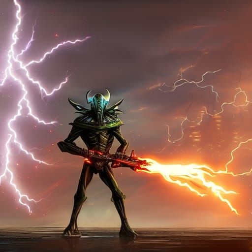 Cyber Alien Warrior with Crystal Fire Weapon