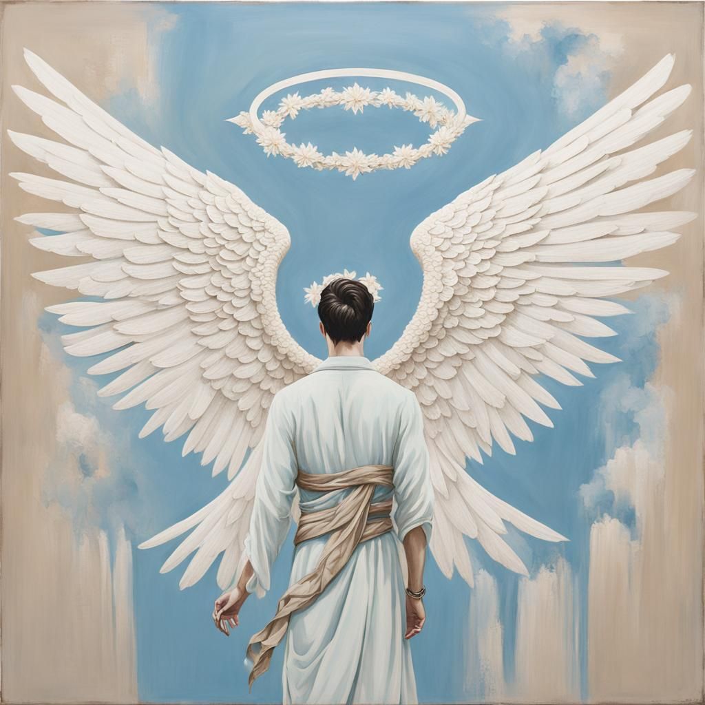 Minimalist Japandi Angel Oil Painting with Lace