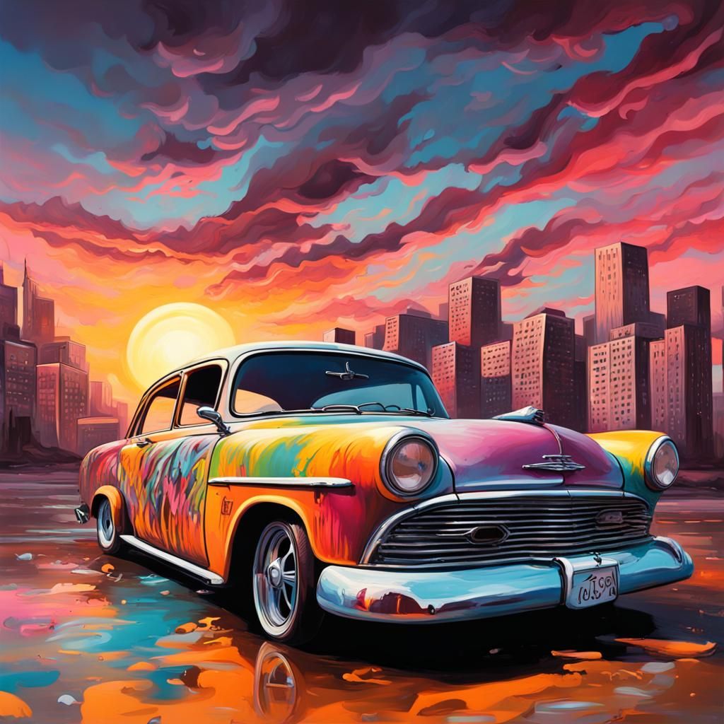 Classic Car Sunset in Graffiti Art Style