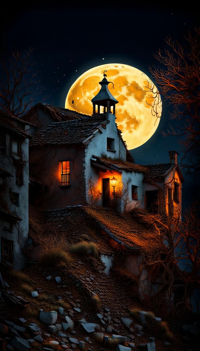 Ghosts Wander an Abandoned Village by Moonlight