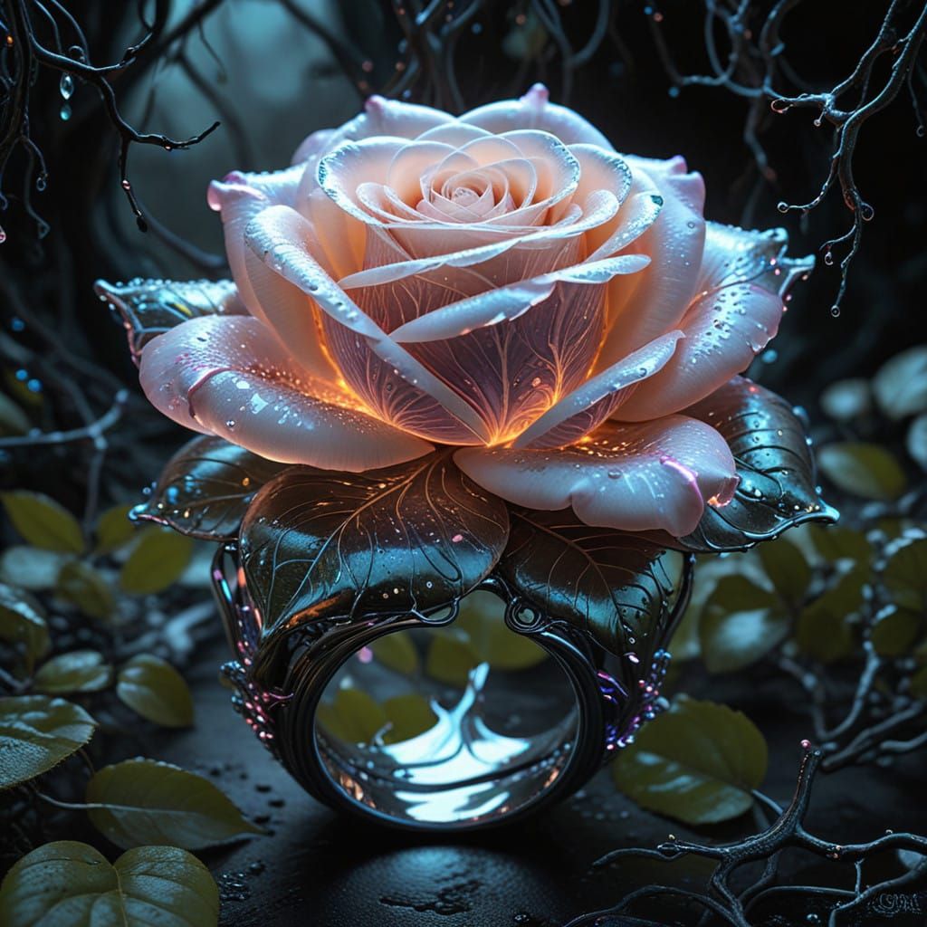 Surreal Rose Blooms in Ethereal Bioluminescent Glow