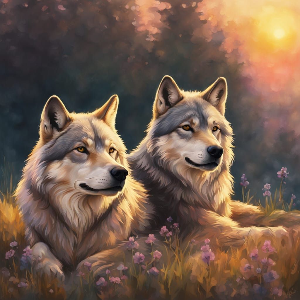 Two Wolves Rest in Golden Hour Sunset Light