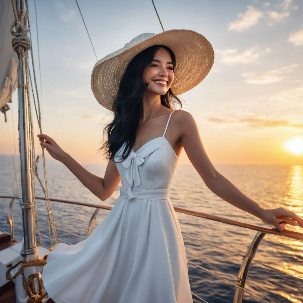 Young Woman on Ship at Sunset: 3D Render