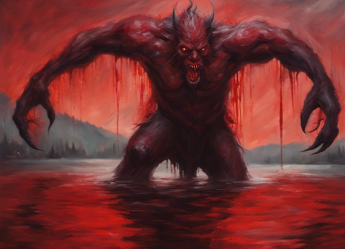 Monstrous Demon Bathes in Lake of Blood: Oil Painting