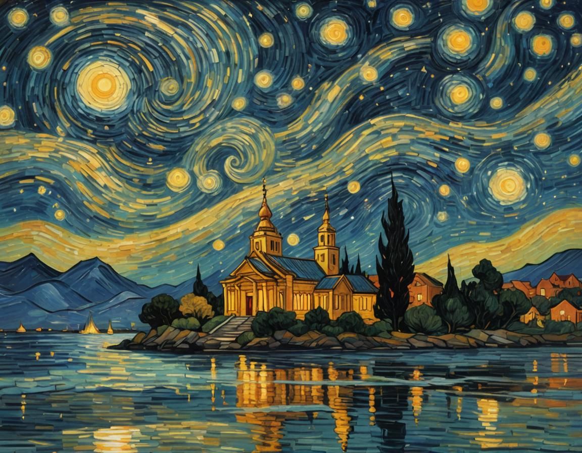 Tranquil Temple at Cosmic Sea in Impressionist Style