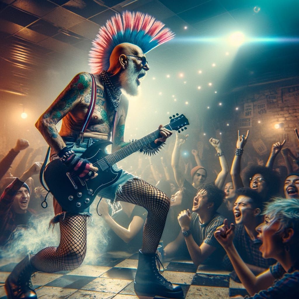 Elderly Punk Rocker Shreds Guitar in Mosh Pit