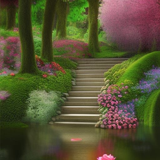 Grand Stone Staircase to Rose Pond in Matte Painting
