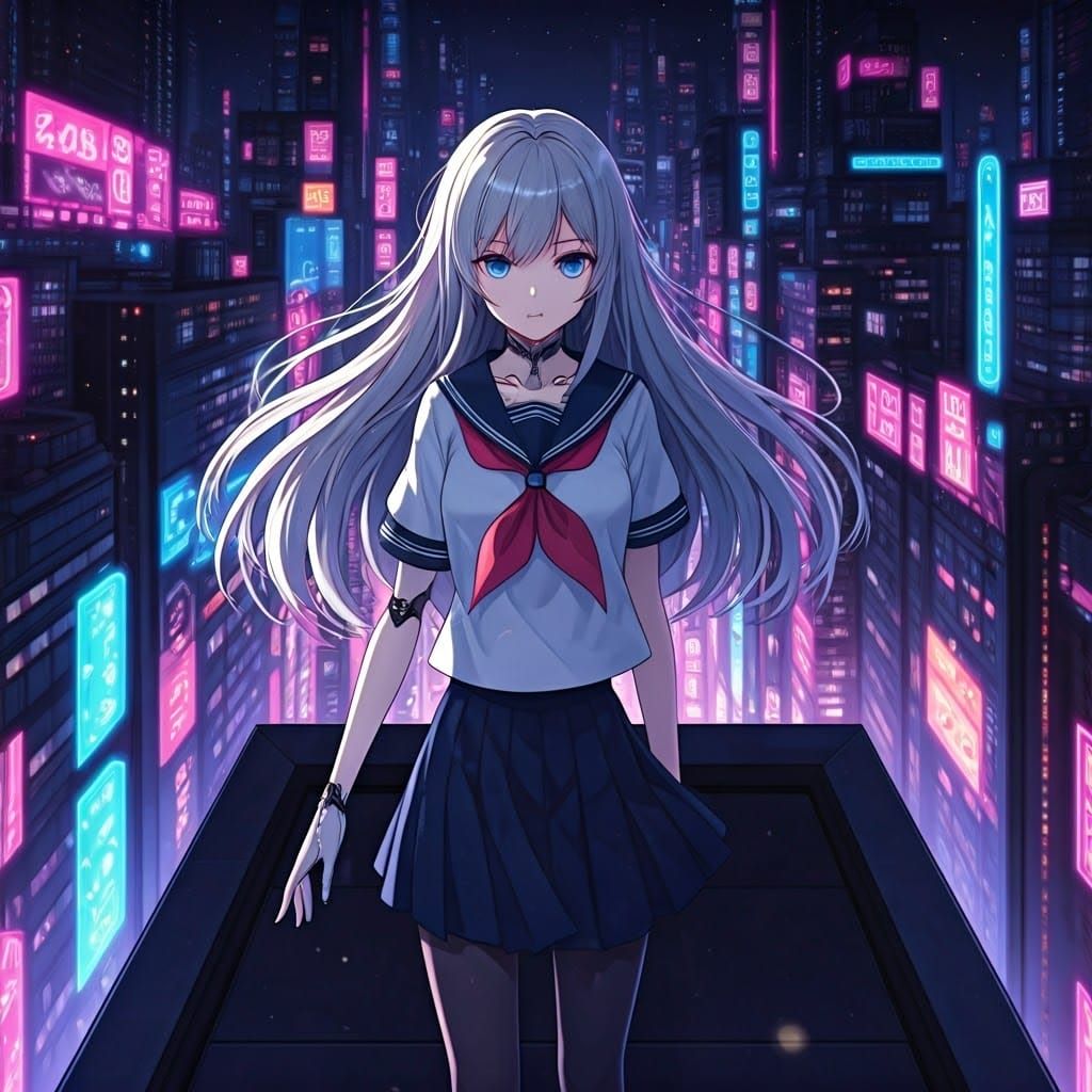 Cyberpunk Sailor Girl Reigns Over Neon City