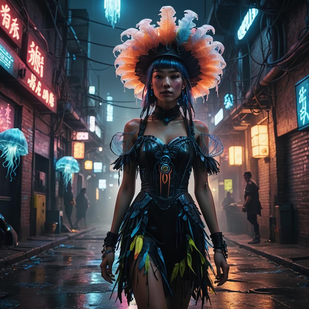 Cyberpunk Witch Portrait in Neon Alleyway