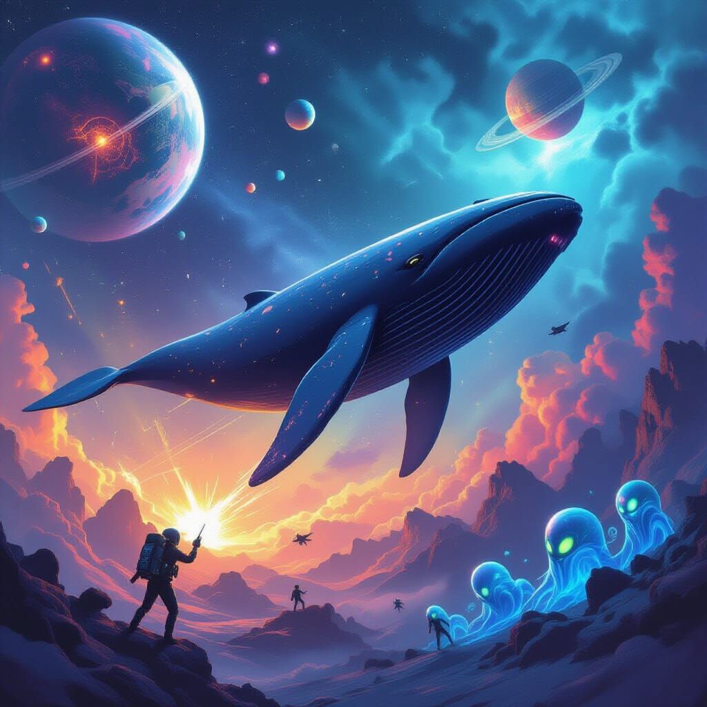 Flying Whale in Space: Surreal Alien Victory