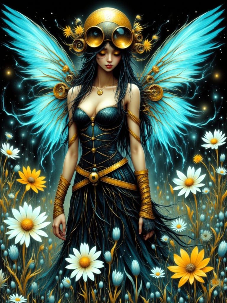 Steampunk Fairy with Clockwork Wings and Bioluminescent Flor...