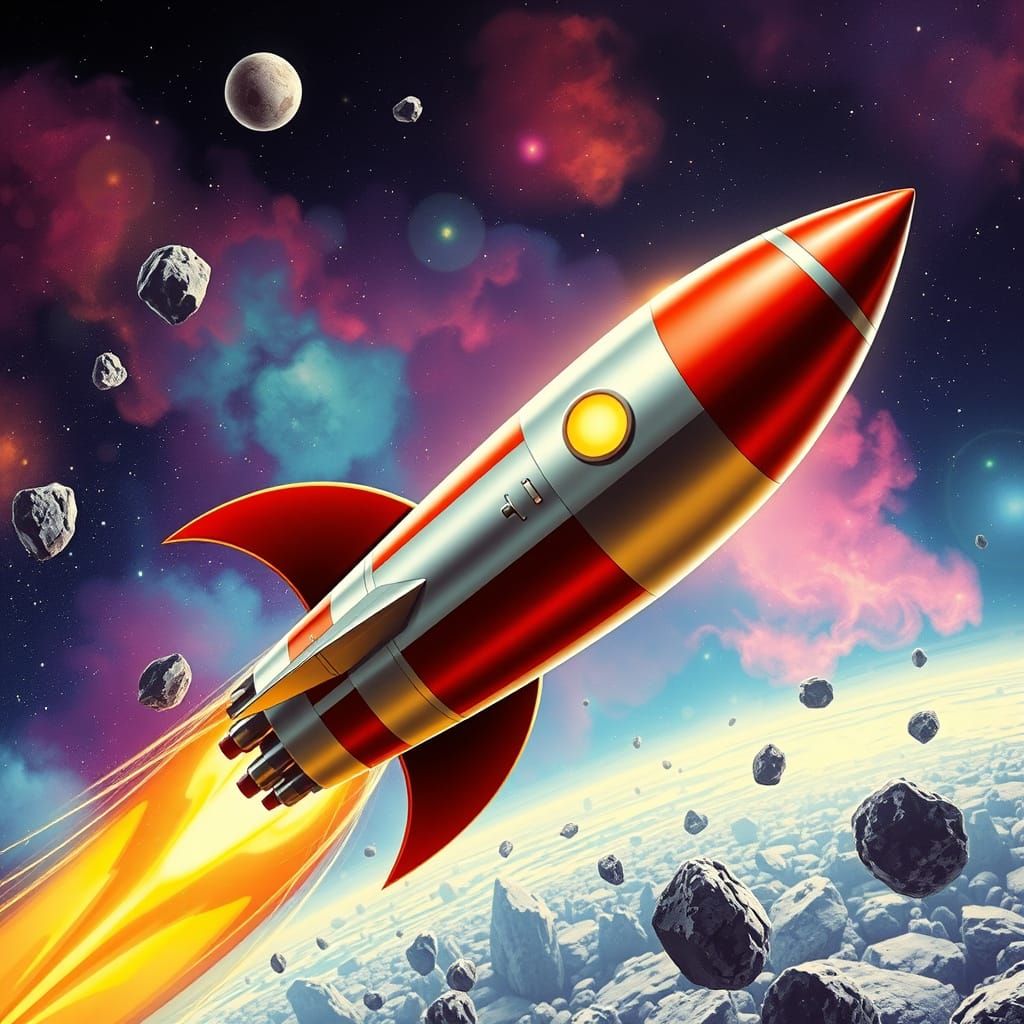 Retro-Futuristic Rocket Navigating Nebulae in Vintage Style