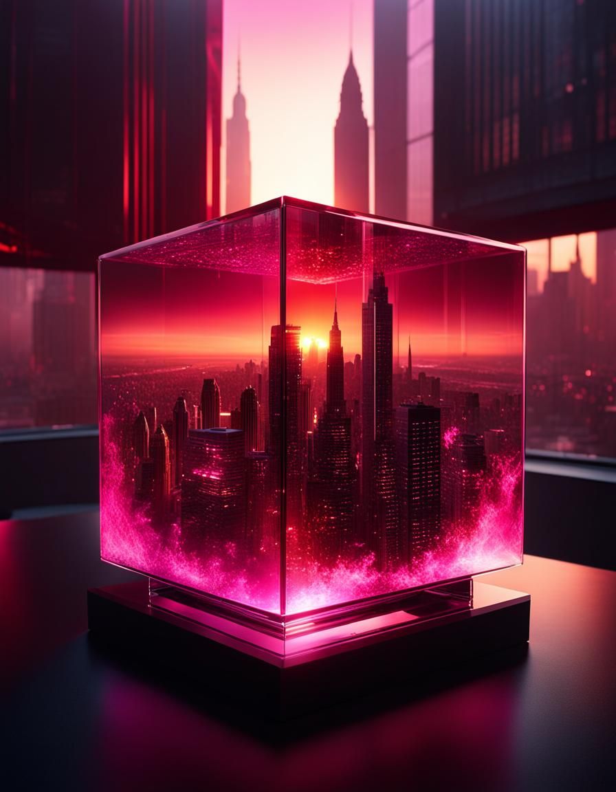 Cityscapes in Glass Cube with Red and Magenta Hues
