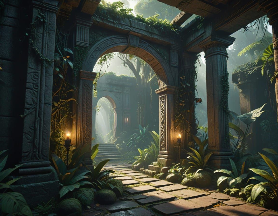 Ancient Doorway in Tropical Forest: 3D Game Cinematic