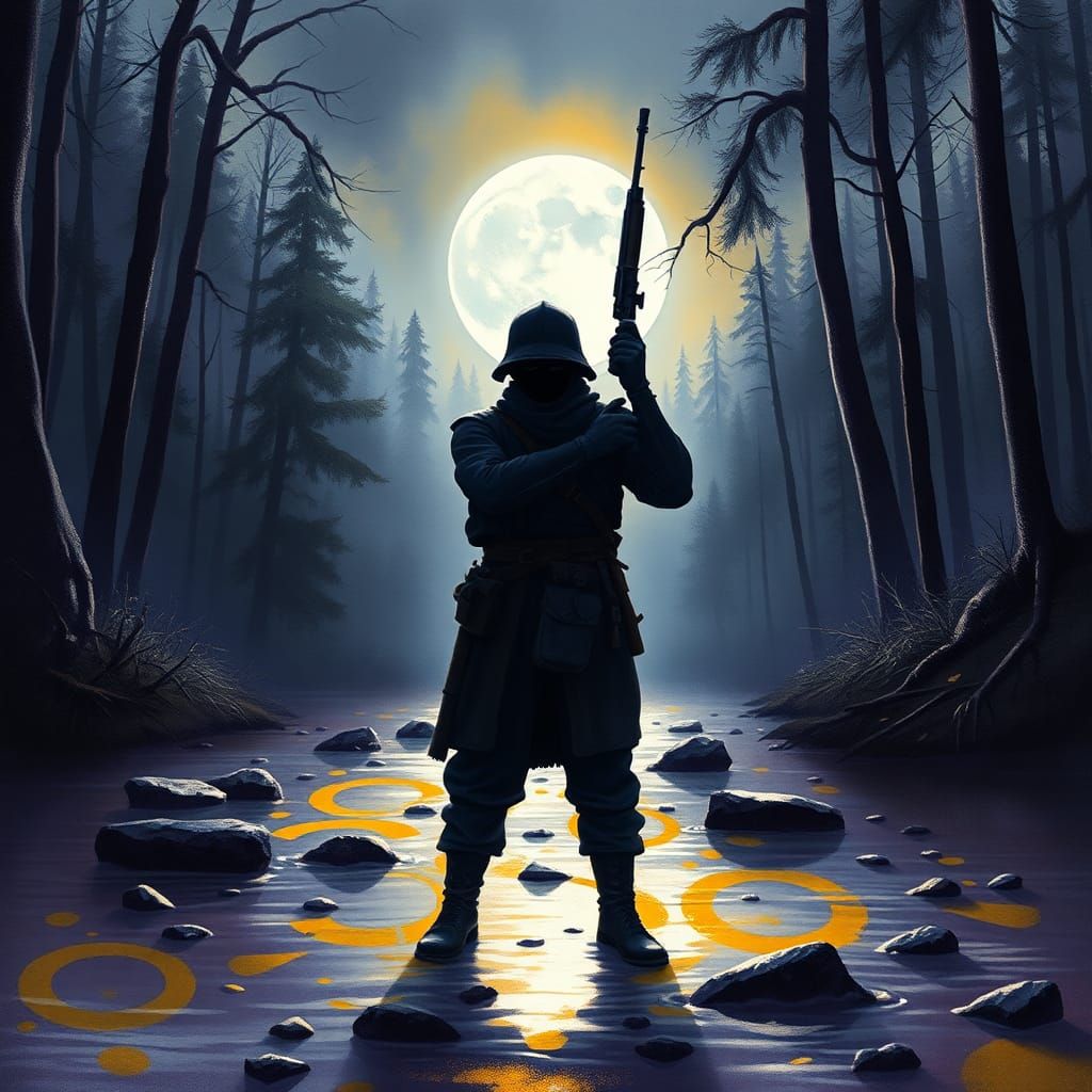 Soldier Silhouette by Stream in Dark Fantasy Style