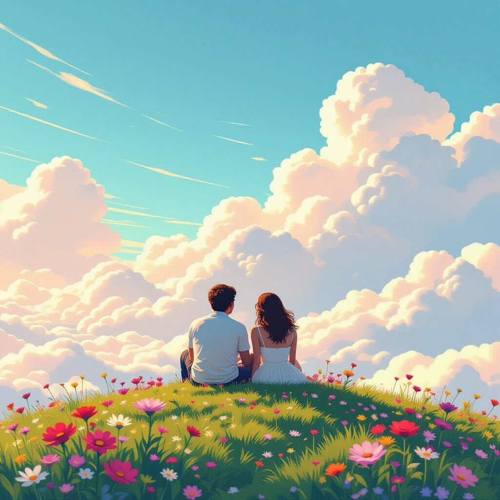 Couple on Grassy Hill in Retrowave Style