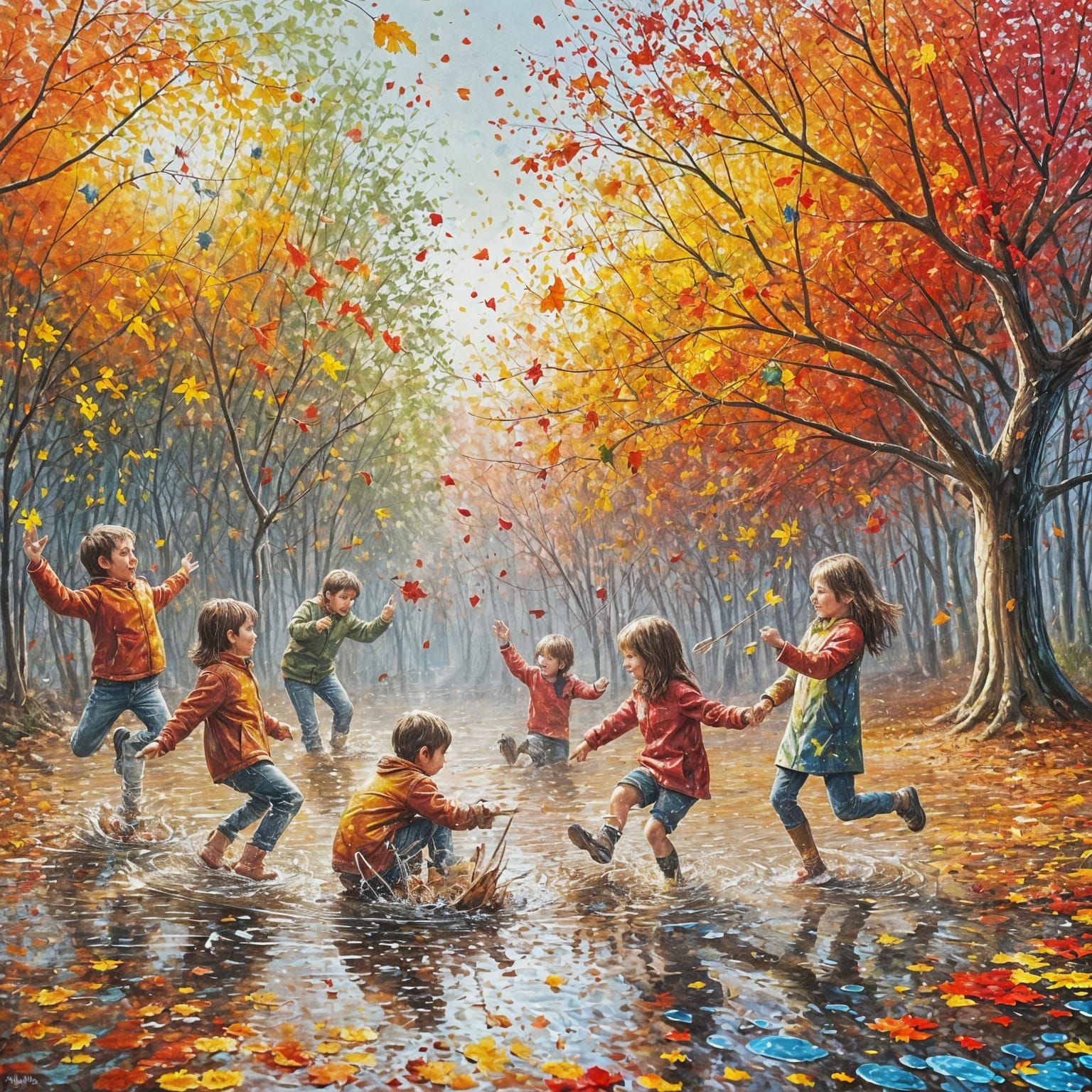Children Splashing in Autumn Puddles: Splatter Art Painting