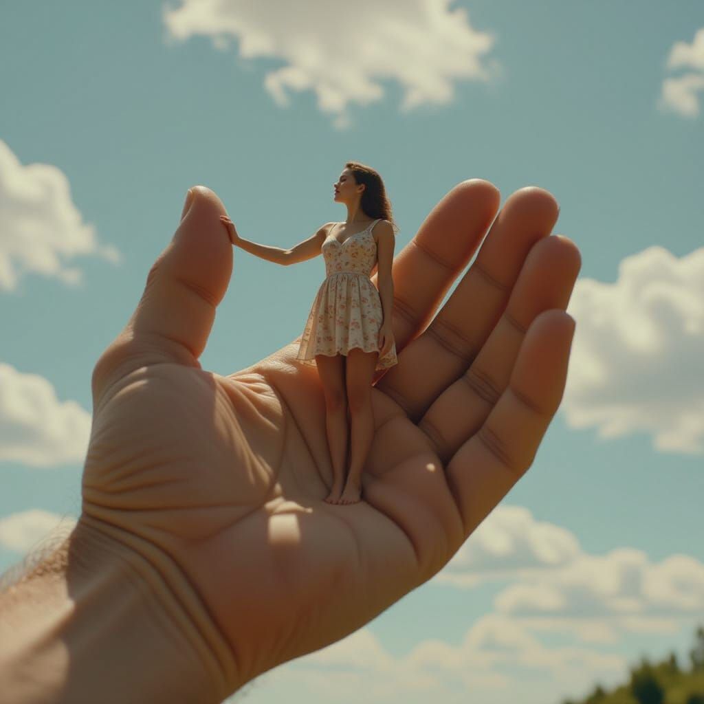 Giant's Hand Cradles Woman: Cinematic 35mm Film