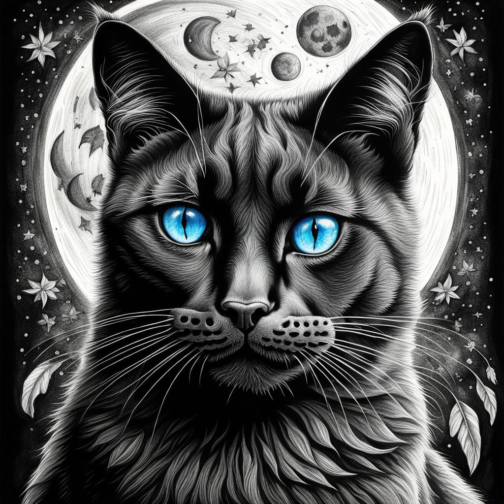 Winged Black Cat with Moon Markings in Charcoal