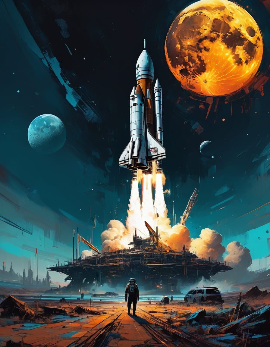 Futuristic Rocket Launch into Space, Detailed Matte Painting