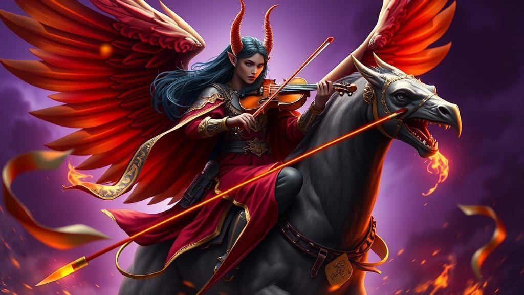 Dark Fantasy Tiefling Bard Rides Hippogryph into Battle