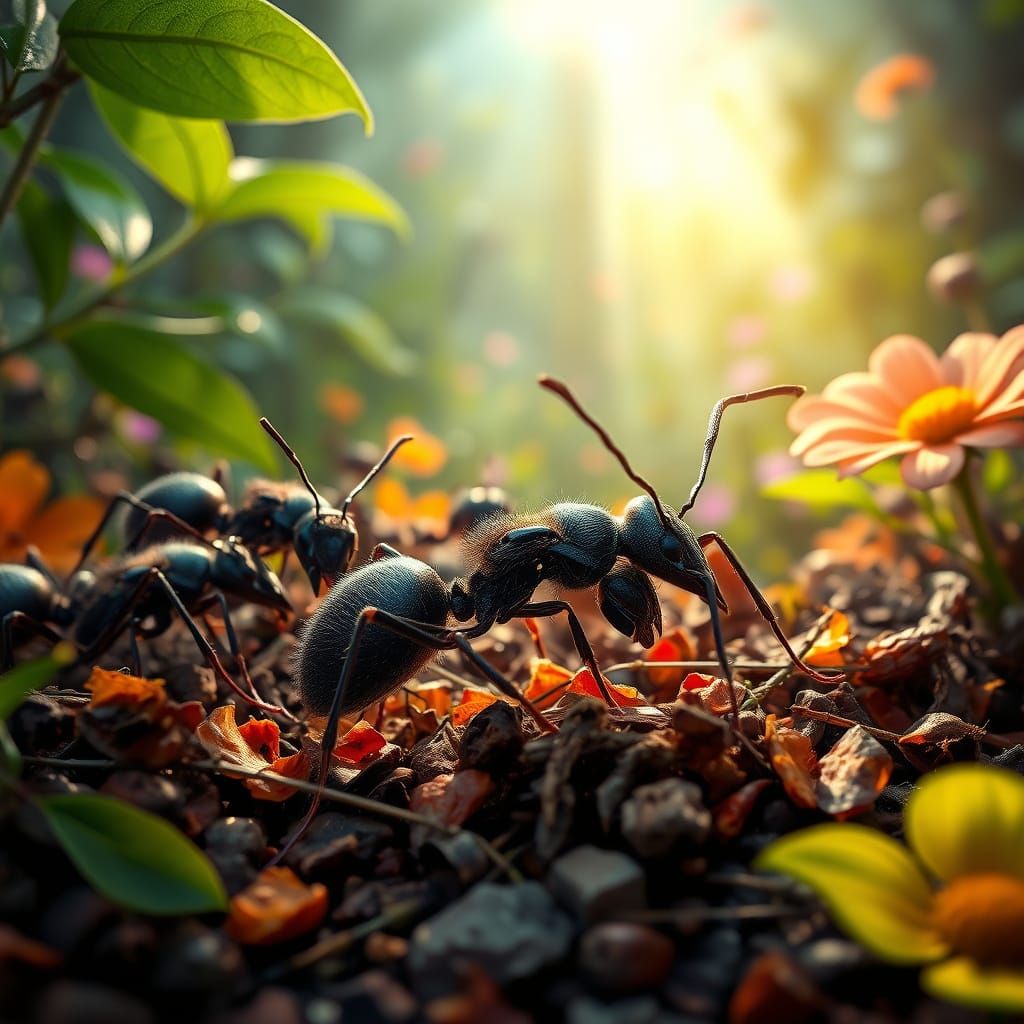 Hyperrealistic Ants Cleaning Forest in Photorealistic Style