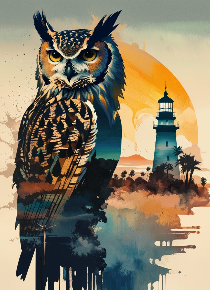 Owl Silhouette Double Exposure in Desert Twilight