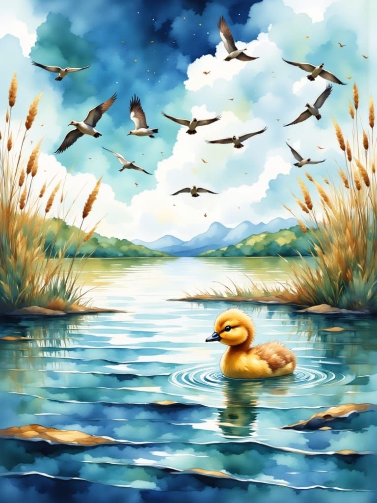 Cute Baby Chick in Water, Comic Style Watercolor