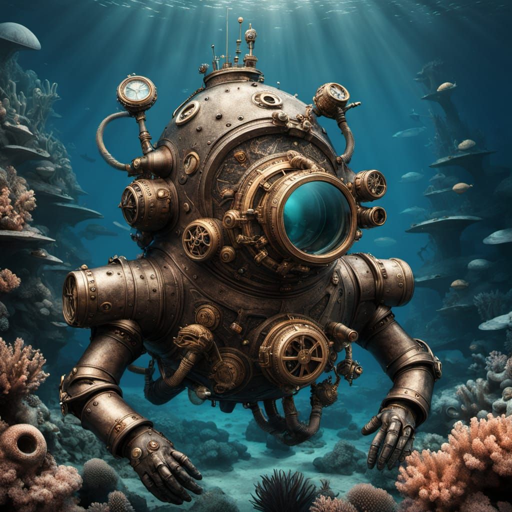 Steampunk Diving Suit on Ocean Floor in Hyperrealism