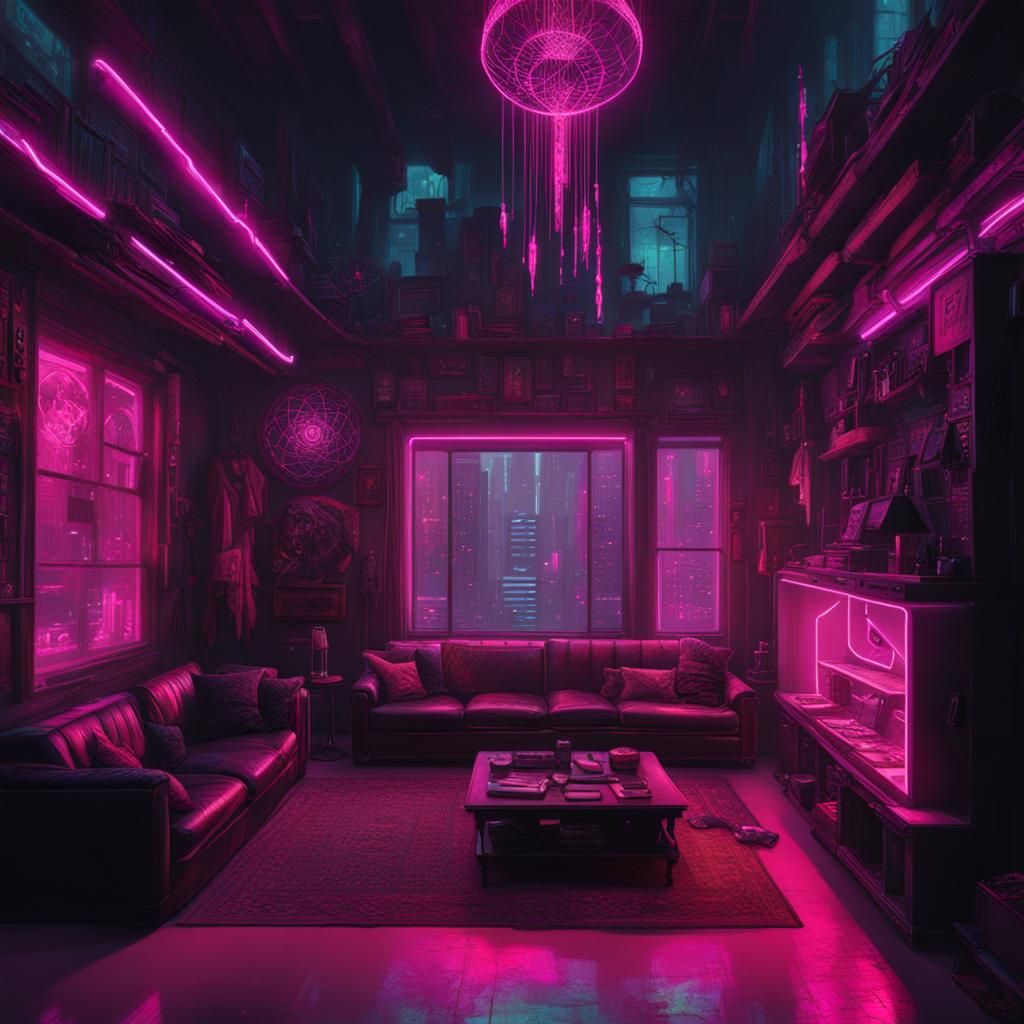 Cyberpunk Witch House Interior with Dream Catchers