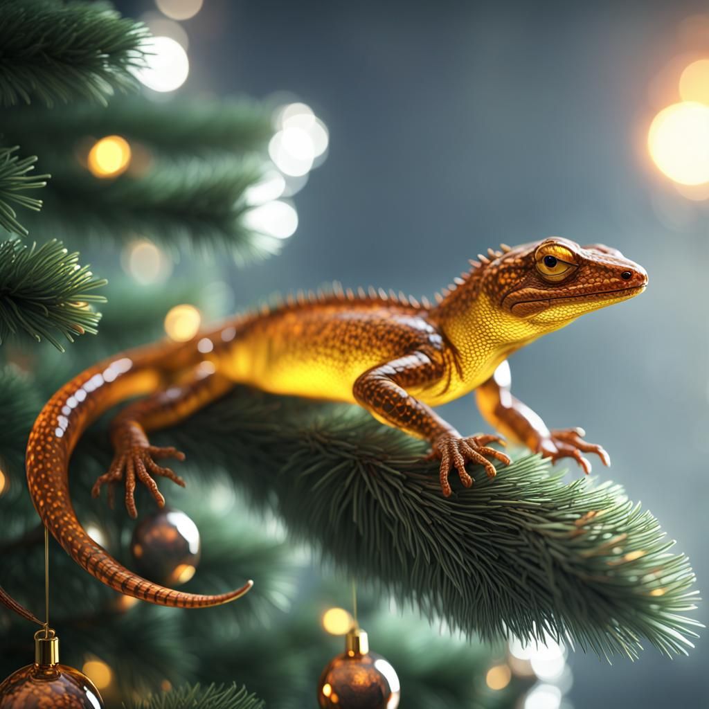Glass Amber Lizard on Christmas Tree in 8K