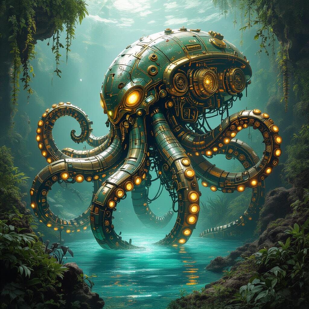 Cyborg Kraken Emerges from Geothermal Ocean in Steampunk Sty...