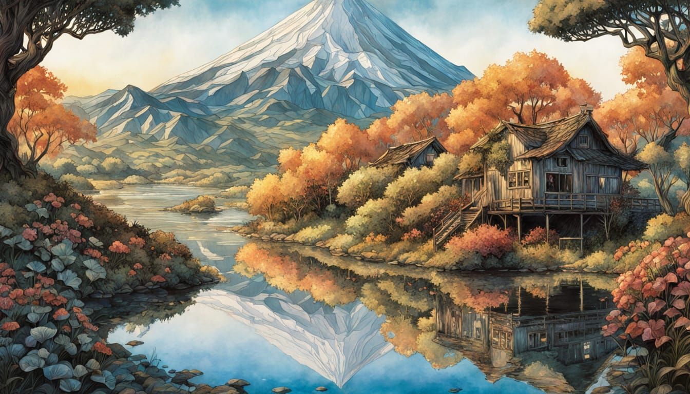 Metaphysical Abandoned Mining Town with Volcano and River