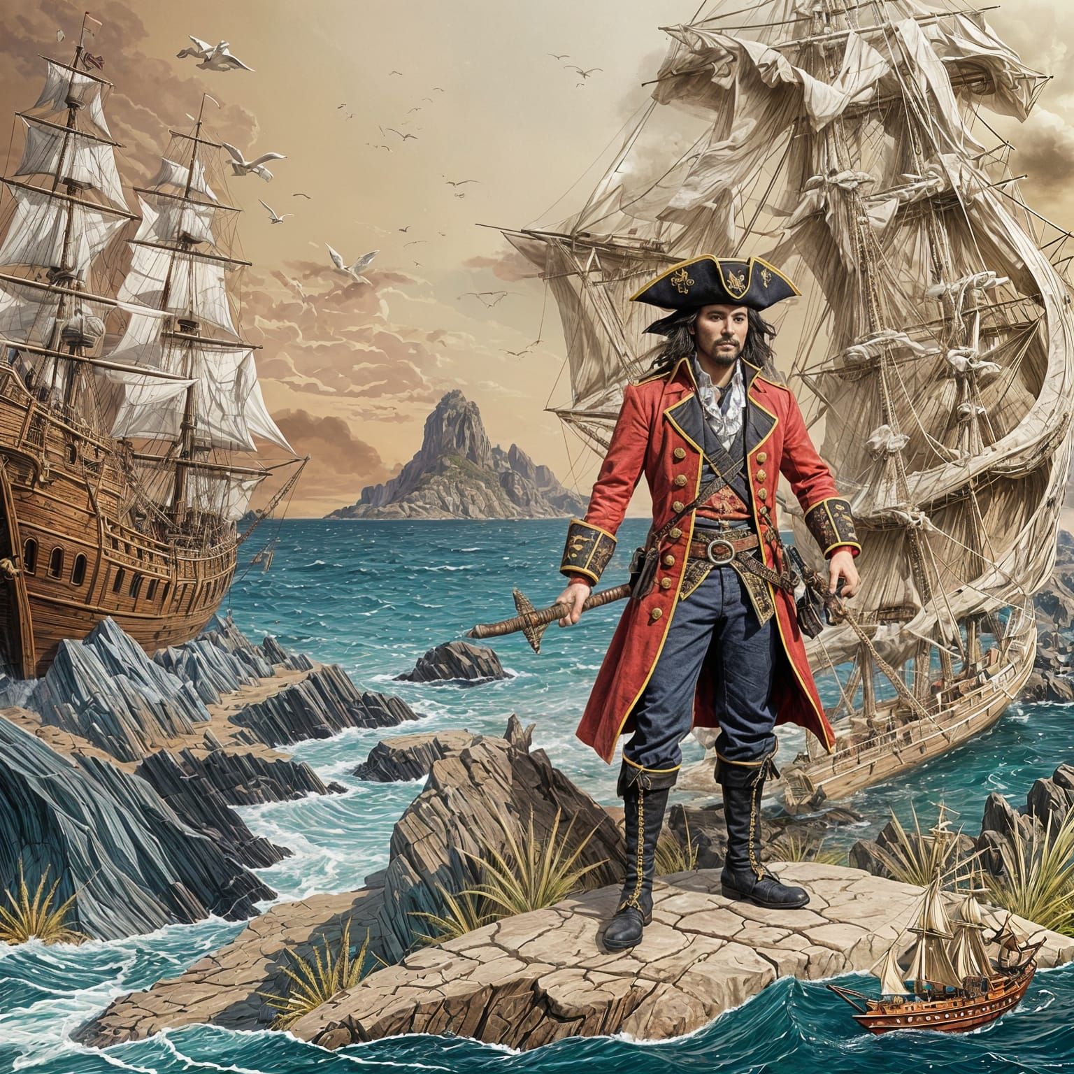 Kirigami Pirate Captain on Rocky Shore