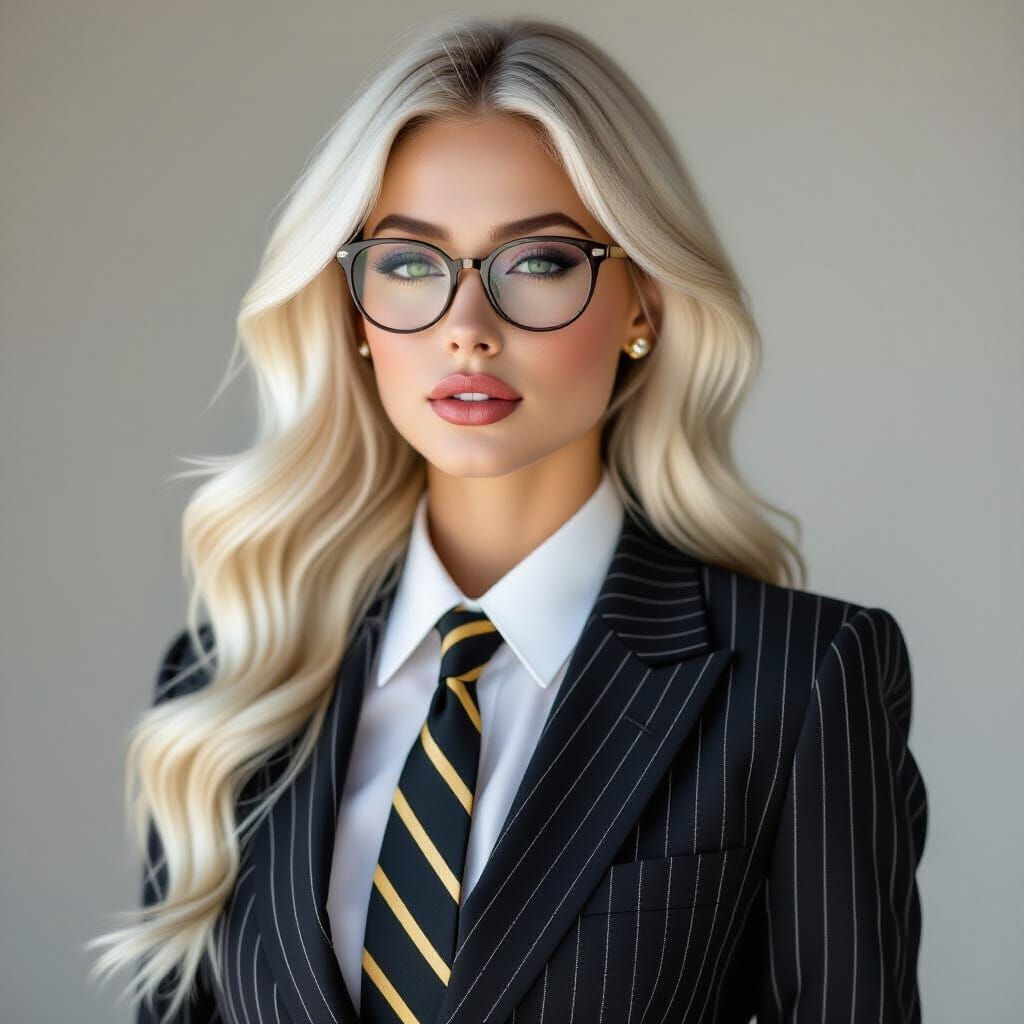 Woman with Platinum Blonde Hair in Pinstripe Suit