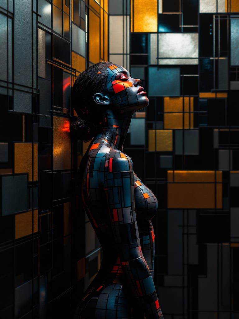 Woman Merges with Geometric Wall Art