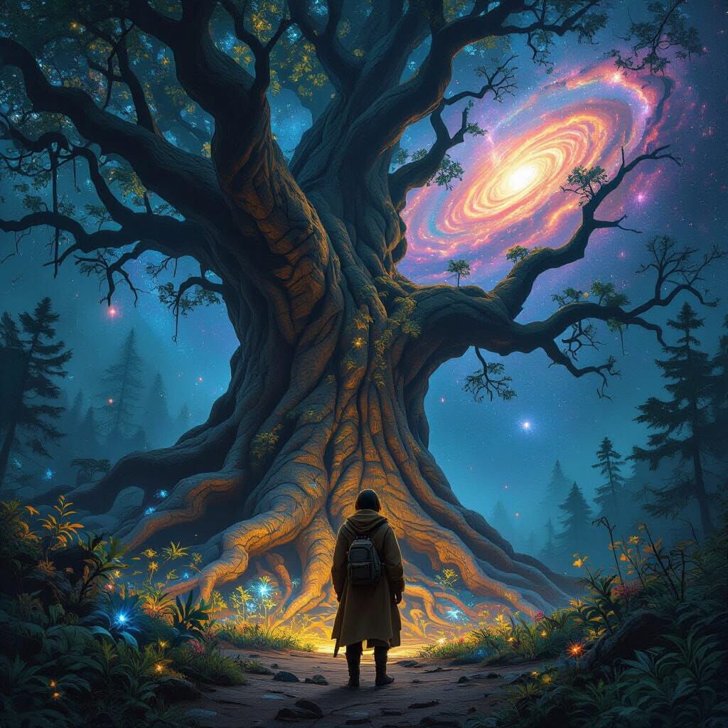 Traveler Gazing at Cosmic Tree in Hyperrealistic Style
