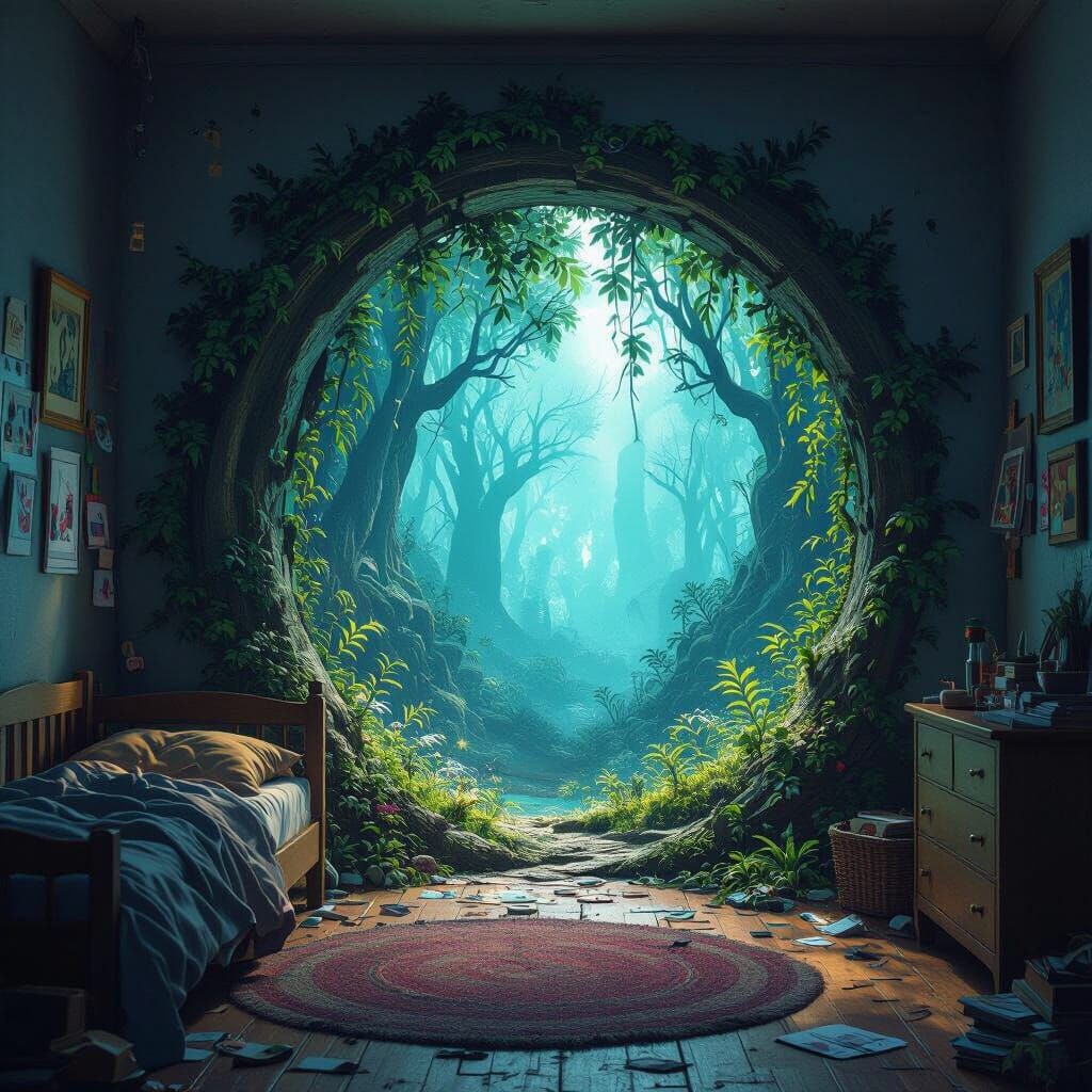 Mythical Forest Portal on Messy Bedroom Wall