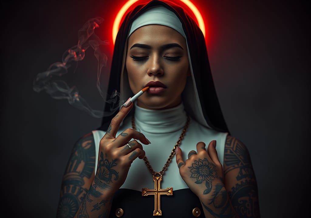 Tattooed Nun with Red Halo in Moody, Dramatic Style