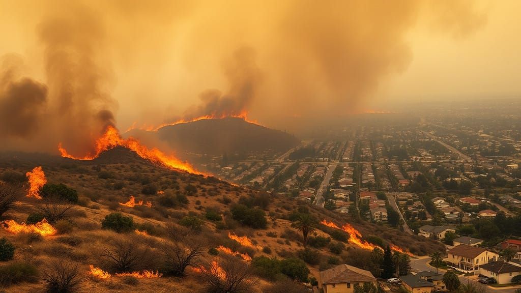 L.A. Inferno: Flames Engulf Cityscape in a Darkening Haze