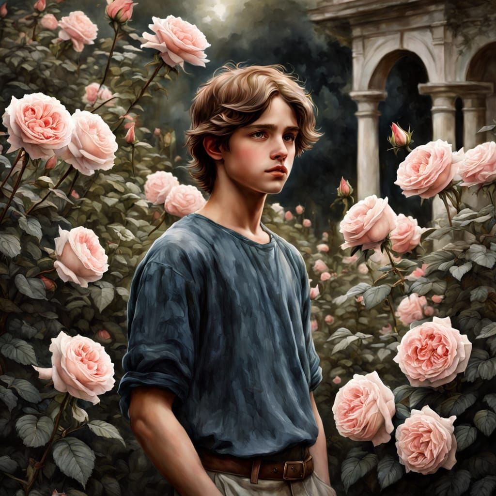Chiaroscuro Boy in Rose Garden Watercolor