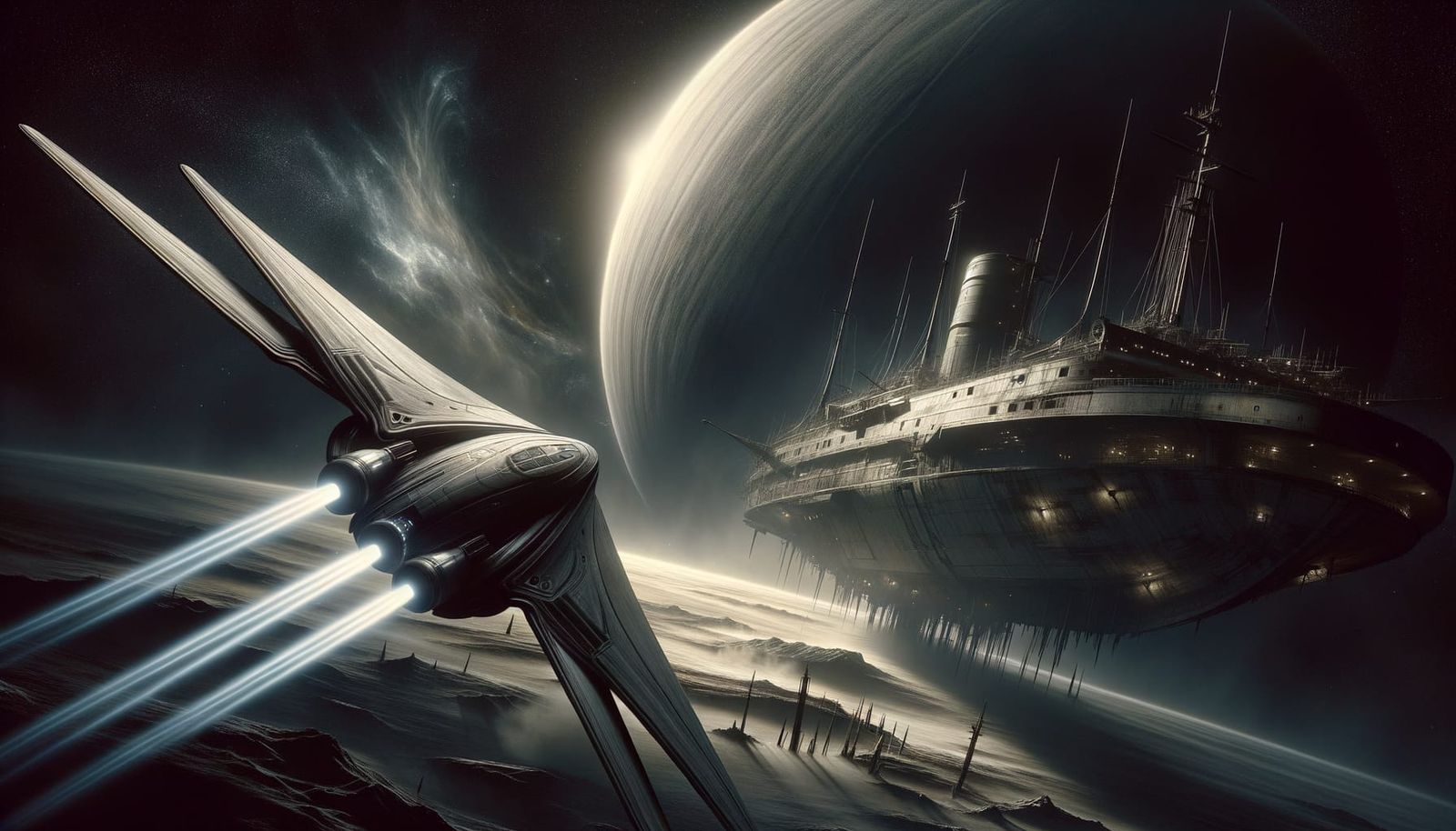 Ethereal Starship Drifting Towards Space Wreck