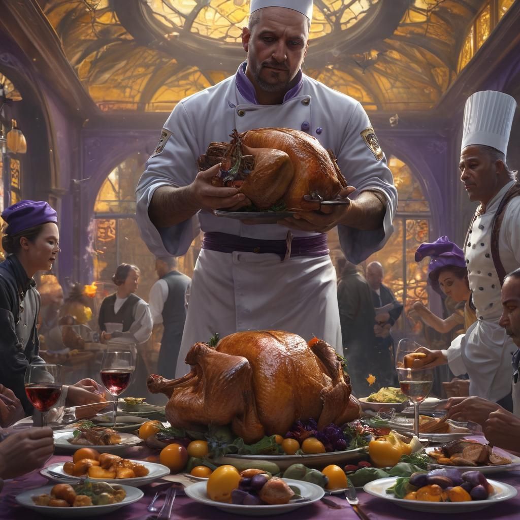 Fantasy Chef Accidentally Drops Turkey: Detailed Concept Art