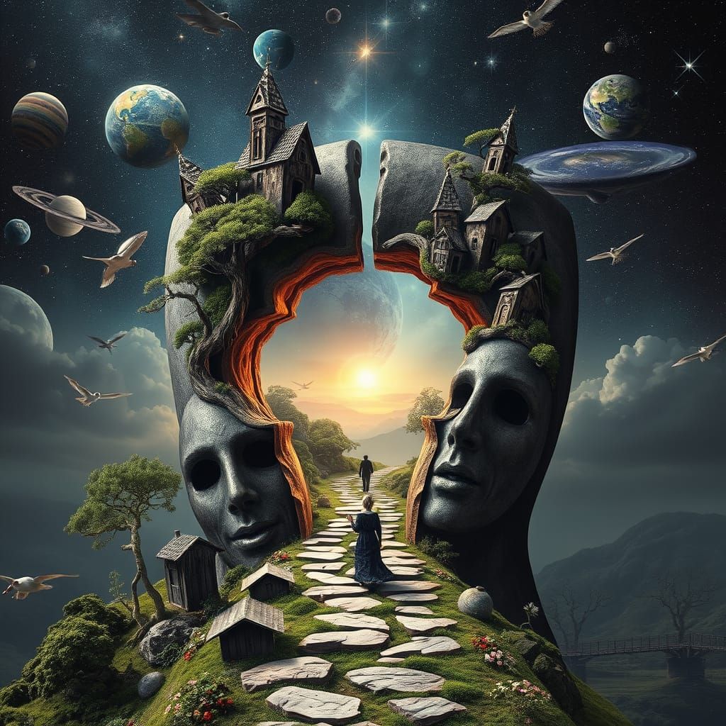 Surreal Cosmic Dance within a Cracked Masquerade Mask