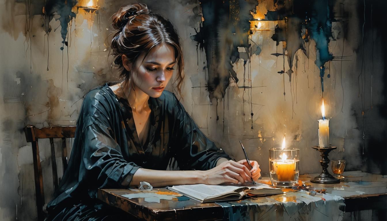 Woman Reading in Candlelight: Surreal Alcohol Ink Art