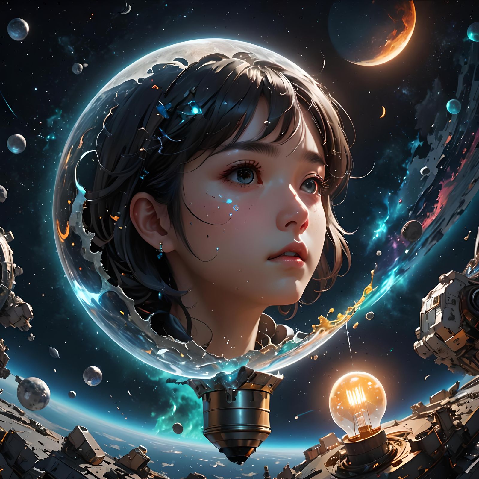 Hyperrealistic Bulb in Space: 3D Anime Art