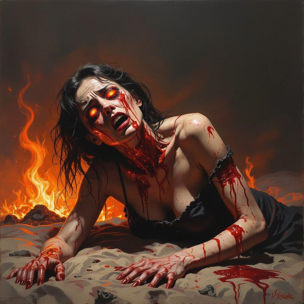 Agonized Woman Melts on Inferno Bed